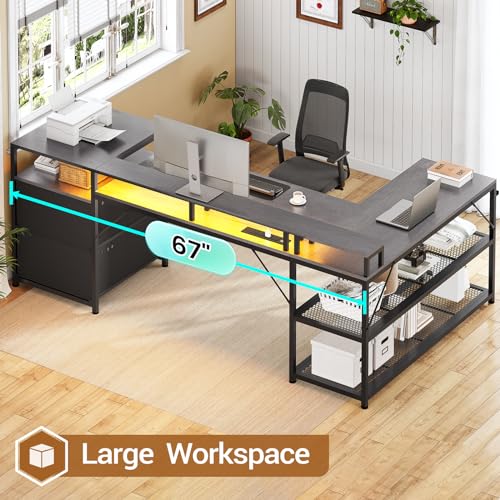 SEDETA 67" L Shaped Desk with Drawers, Power Outlet, LED Lights for Home Office H711271