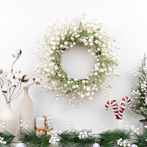 20 Inch White Christmas Wreath with White Berry Fir Pine Needle F528