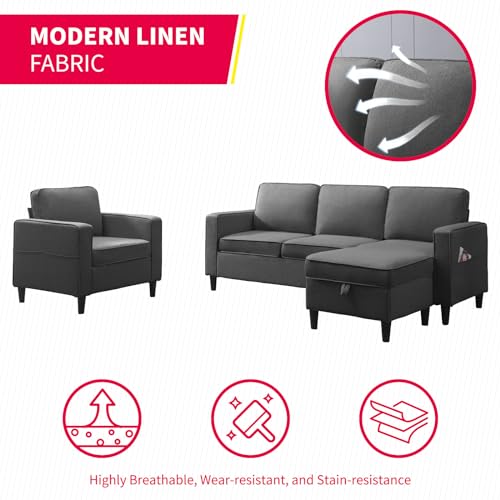 MUZZ 3PCS Linen Sofa Set with Ottoman, Dark Grey B93215