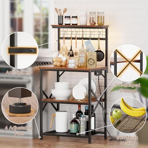 Furologee Bakers Rack with Power Outlet and LED Light, 4-Tier Microwave Stand, Rustic Brown M537