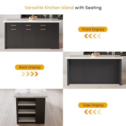 homary 72" Kitchen Island with Storage, White Dining Table with Seating & 3 Drawers H6352