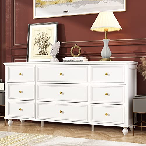 FAMAPY Chest of Drawers White Dresser 9 Drawer Dresser Modern Chest Dresser with Gold Metal Handles & Wooden Legs, Large Contemporary Dresser for Bedroom (63”W x 15.7”D x 31.5”H)