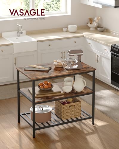VASAGLE Kitchen Island with 3 Shelves, 47.2 Inches, Rustic Brown and Black W99569