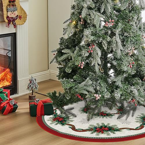 Christmas Tree Skirt 36 Inches with Ribbon Holly, Winter Xmas Tree Mat M27278