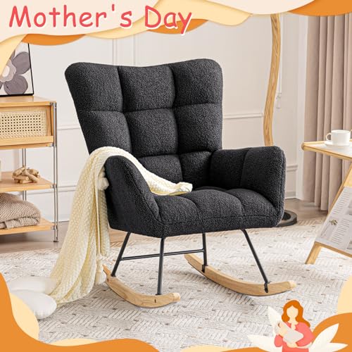 Furniliving Faux Fur Upholstered Rocking Chair with High Backrest, Pink F2554