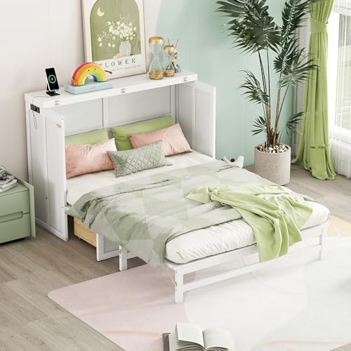 KEIKI Queen Size Murphy Bed with Charging Station and Drawer, Walnut B45816