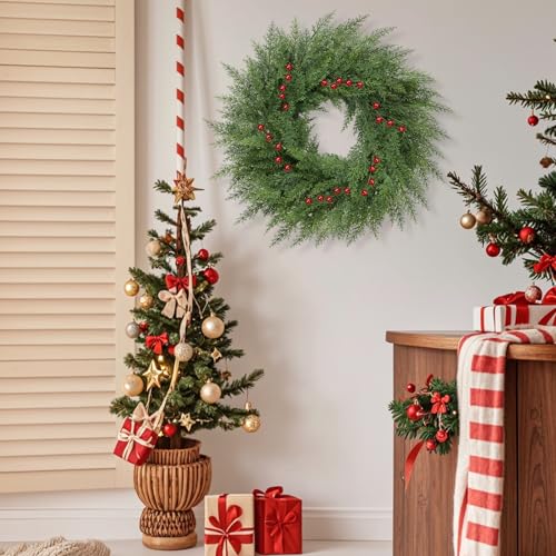 Lush Christmas Wreath with Red Berries 24 inch Faux Cedar for Front Door P46434