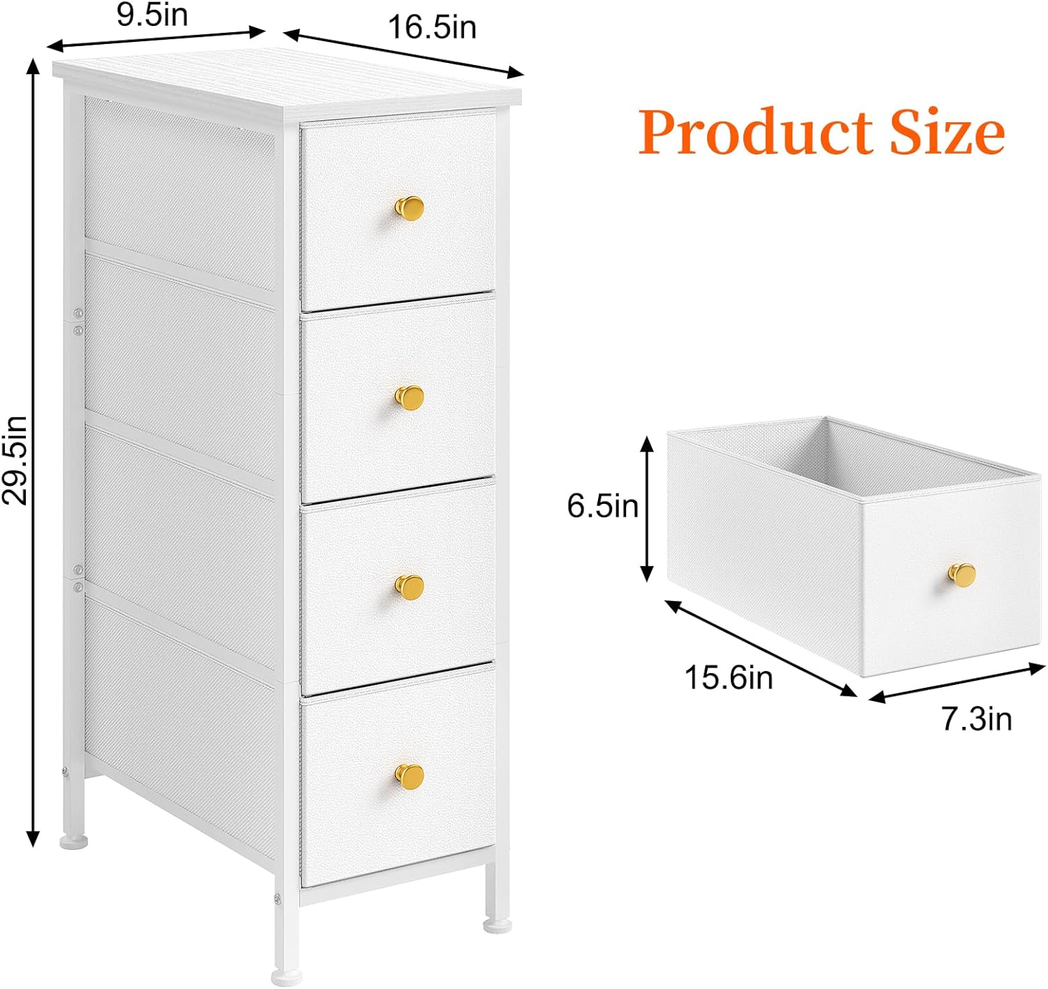 Fixwal Narrow Storage Cabinet with 4 Drawers, White, Steel Frame J10025