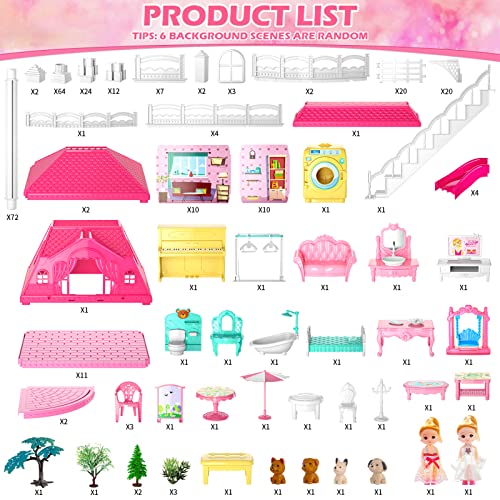 Dolls House 4 Stories 10 Rooms Playset with 2 Princesses Slide for Girls 3-8 Years P507426