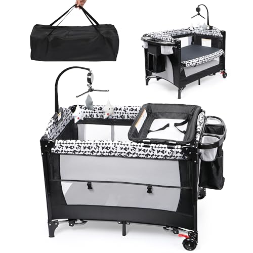 Xilingol 5-in-1 Pack and Play, Baby Bassinet Bedside Sleeper with Diaper Changer & Music Box N3018