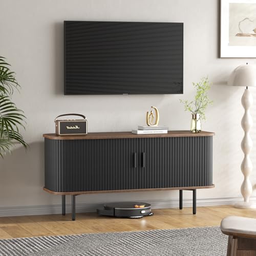 47''W Black Cabinet with Storage, Tambour TV Stand with Sliding Door W84852