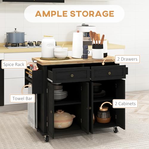 HOMCOM Kitchen Island on Wheels with Rubberwood Top, Navy Blue X7812