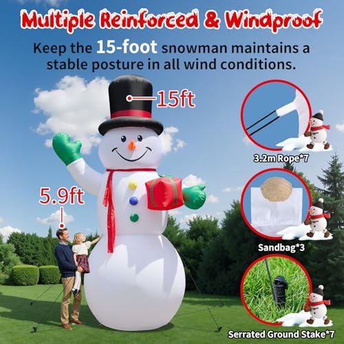 Dawdix 15FT Inflatable Snowman with LED Lights for Yard Christmas Decor Z472