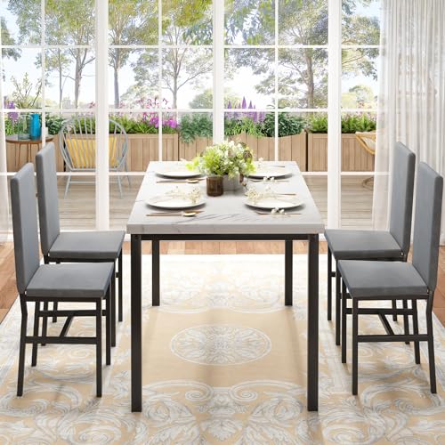 Hooseng Dining Table Set for 4, Faux Marble Tabletop & PU Leather Chairs, Brown & White O605
