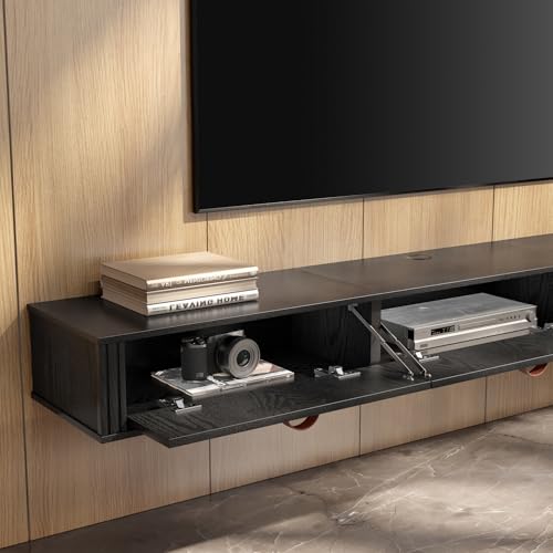 WAMPAT Floating TV Stand, Wall Mounted Wood Media Console, 70 inch, Black A6087