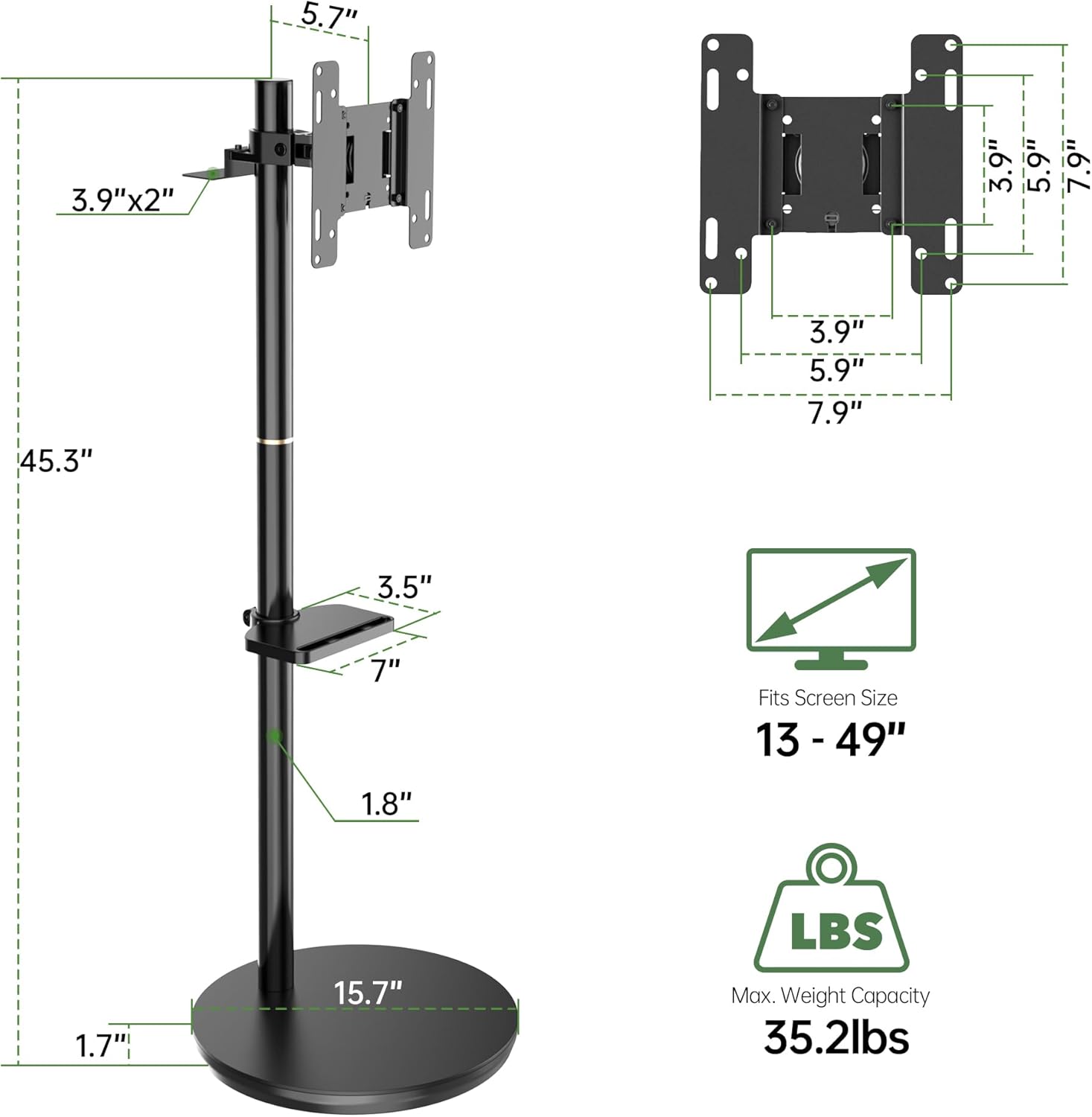 Rolling TV Stand for 13-49 Inch Screens, Height Adjustable, Black I6453