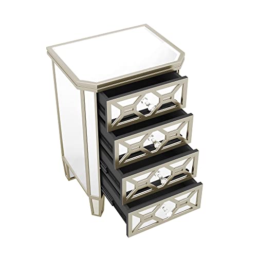 Mirrored 4-Drawer Chest with Golden Lines and Crystal Knob for Bedroom, Silver C933