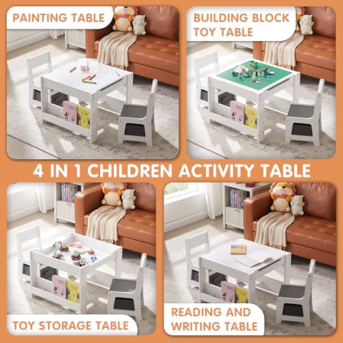 Kids Table and 2 Chair Set with Storage Drawer, White & Grey L956600