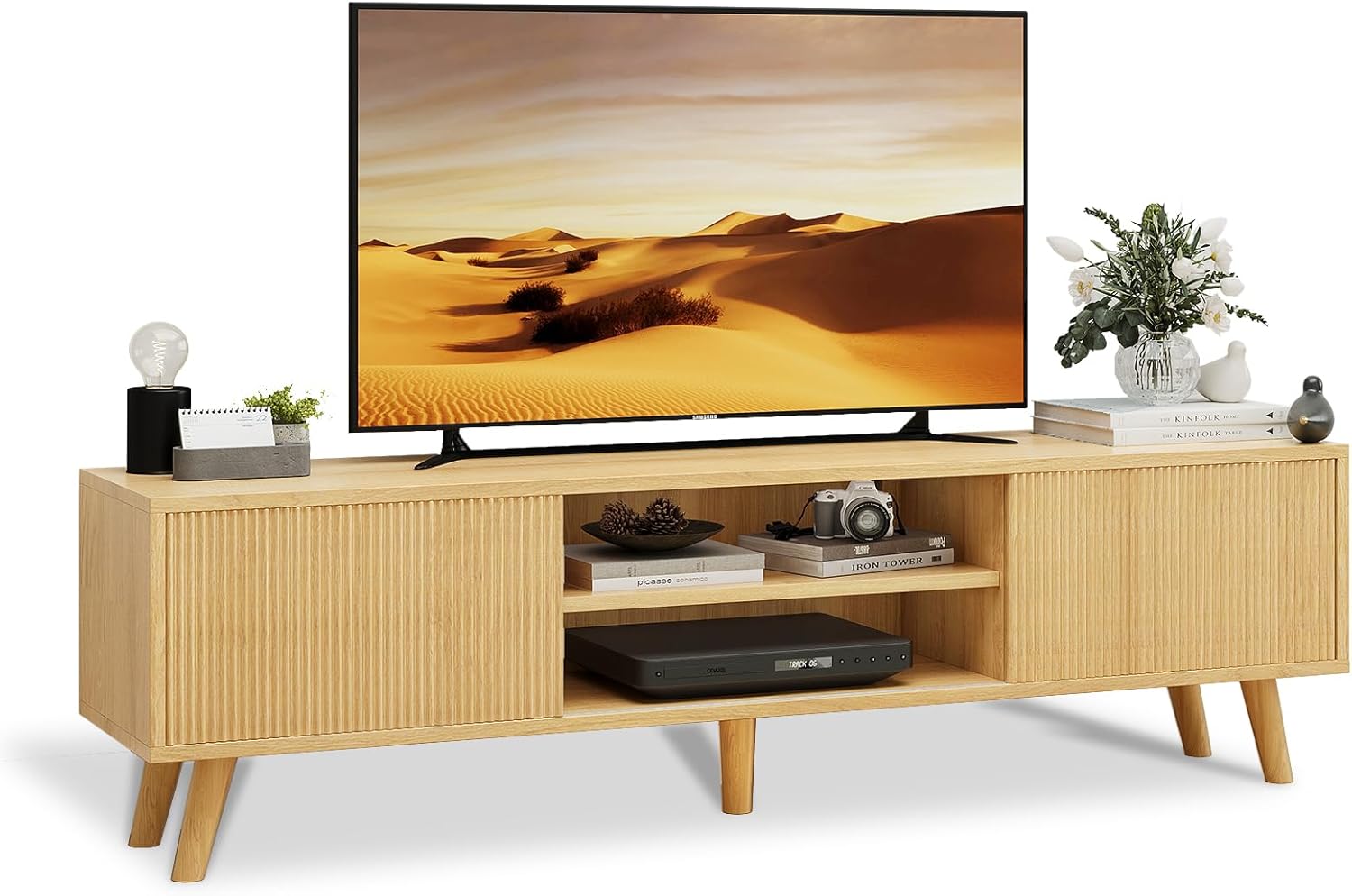 Boho Wood TV Stand for TVs Up to 75 Inches with Sliding Doors E438001