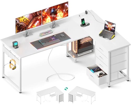 AODK L Shaped Gaming Desk with 4 Drawers, Power Outlets, Black P81263