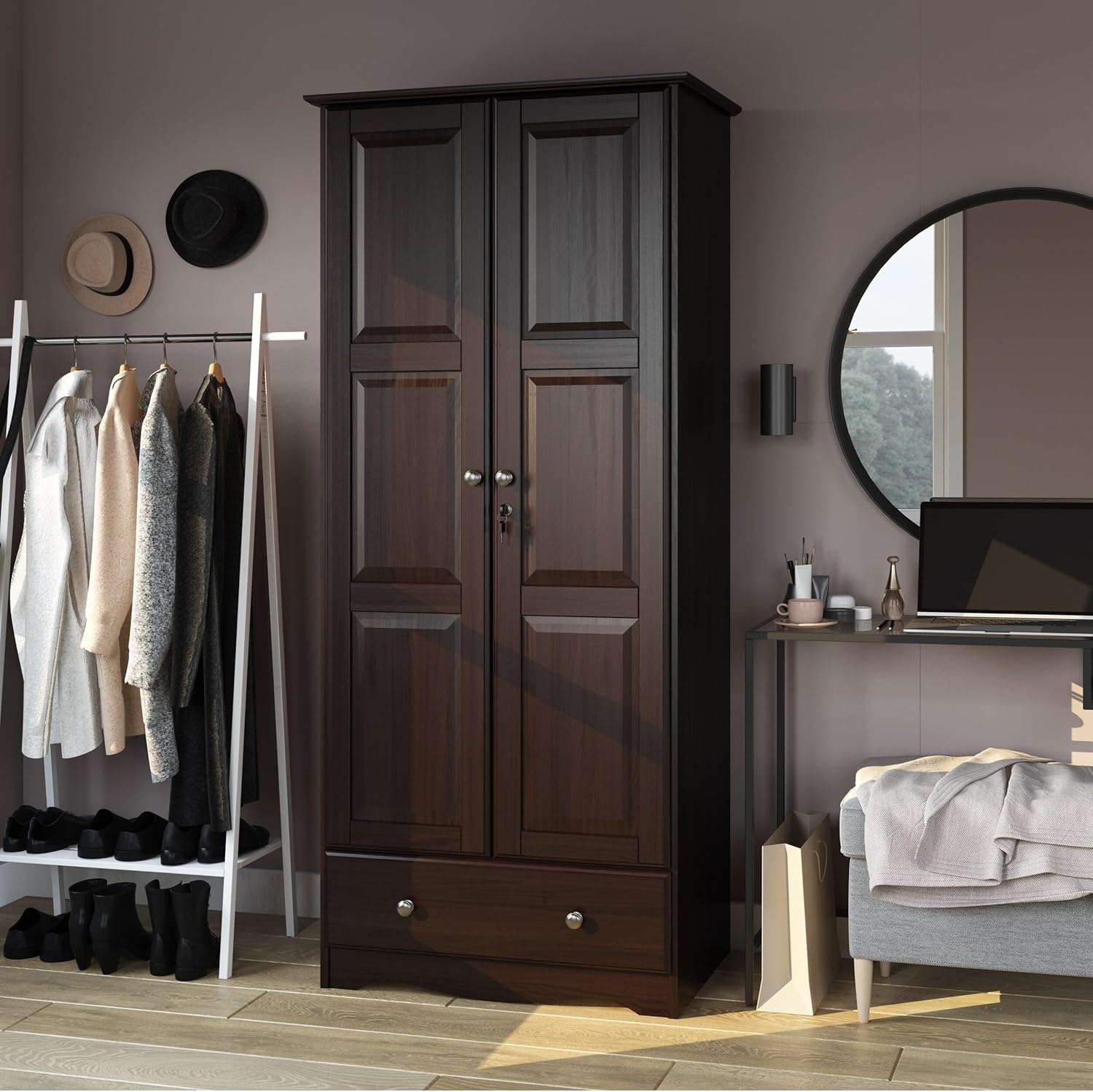 Palace Imports Solid Wood Flexible Wardrobe Armoire, Mocha Stained Mahogany Finish A4062