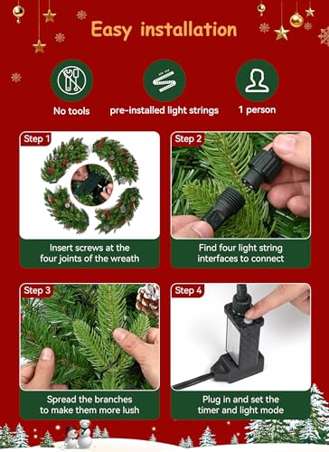 Brightown 24 Inch Pre-Lit Artificial Christmas Wreath with Pine Cones & Berries L37024