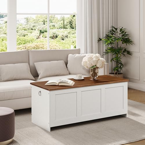 HOOBRO Storage Bench, 39.3" Retro Wooden Chest with Lift Top, White and Walnut C2921