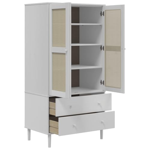 vidaXL Solid Pine Wood Wardrobe White Rattan Look U2650