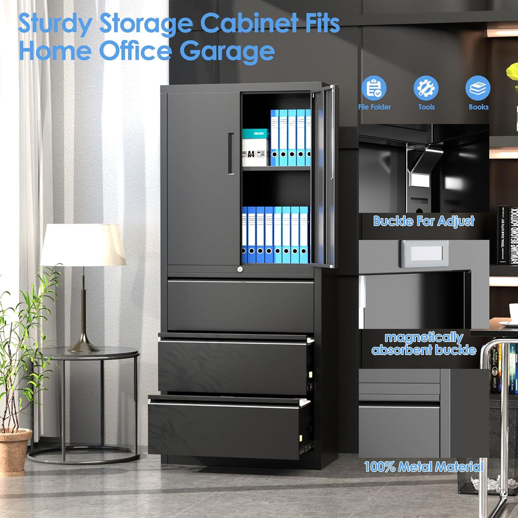 Metal File Cabinet with Lock, 3 Drawers, Black Q65822