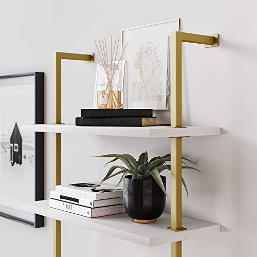 Nathan James Theo 2-Shelf Industrial Wall Mount Desk, White/Gold Brass S899841