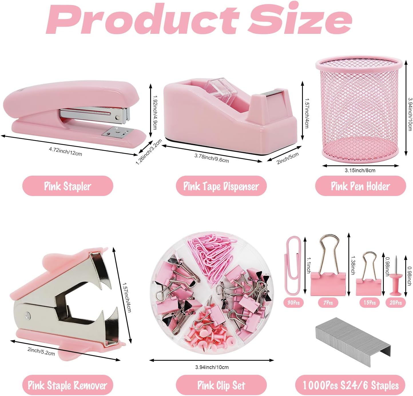 Pink Office Supplies Set for Desk with Stapler, Tape Dispenser, Pen Holder M9244