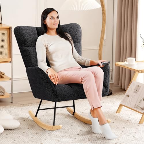 Furniliving Faux Fur Upholstered Rocking Chair with High Backrest, Pink F2554