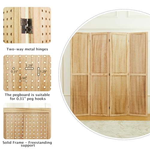 Peg Board Display Stand 66.9inch Freestanding Folding Room Divider, 4 Panels White M68924