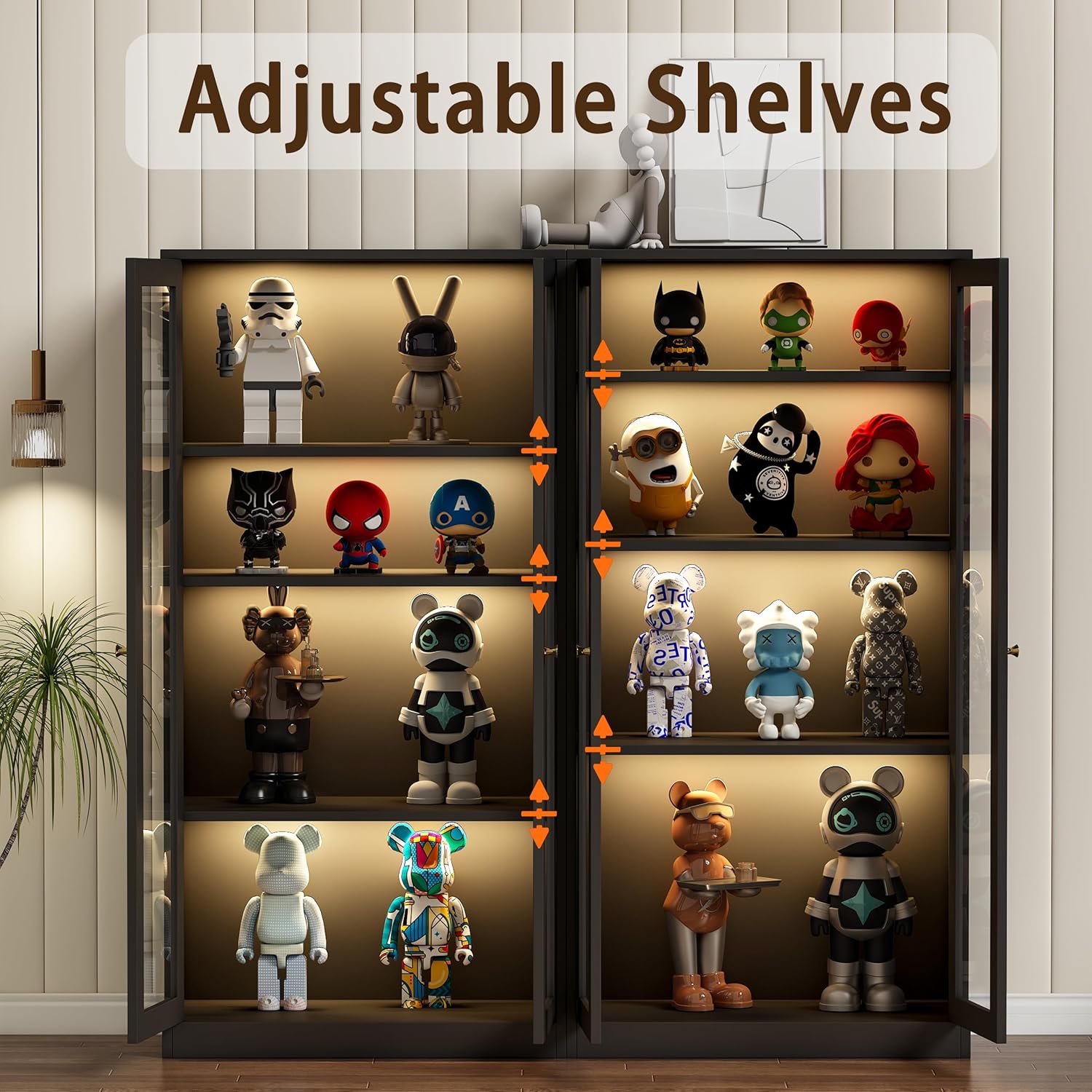 63'' Glass Display Cabinet with LED Light, 3 Shelves, Black J8537