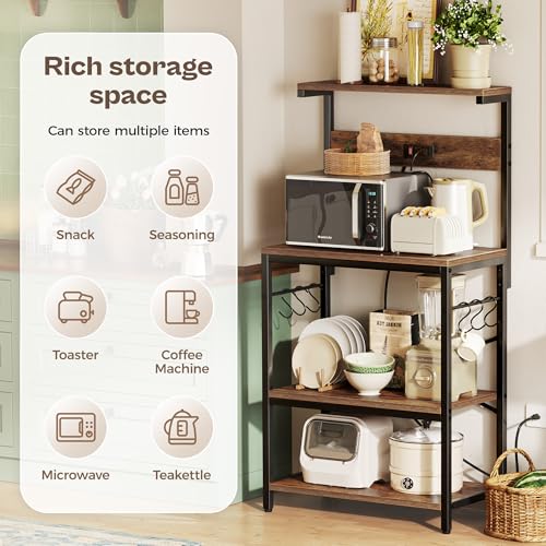 SUPERJARE Kitchen Bakers Rack with Power Outlet, Coffee Bar Table, Rustic Brown W637