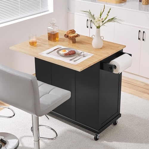Yaheetech Rolling Kitchen Island Cart with Drop Leaf, Rubberwood Breakfast Bar with Storage V538