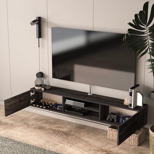 Atelier Mobili Floating TV Stand for 75 inch TV, Wall Mounted, Black Oak D599620