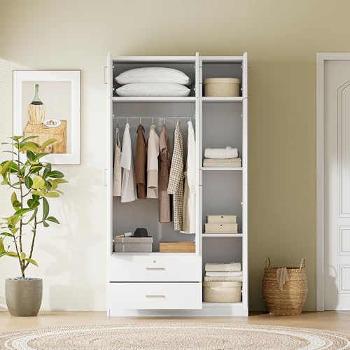 Mirror 3 Doors Closet Wardrobe with 2 Drawers and Top Cabinet, Modern Wooden Armoire Wardrobe Closet with Hanging Rod for Bedroom, Freestanding Bedroom Closet, Clothes Storage Organizer (White)