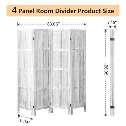 Wood Room Divider 4 Panel, 5.6 FT Tall Folding Privacy Screen, Retro White K4688