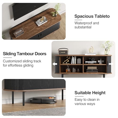 47''W Black Cabinet with Storage, Tambour TV Stand with Sliding Door W84852