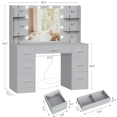 Quimoo Large Vanity Desk with LED Mirror & Power Outlet, White L335