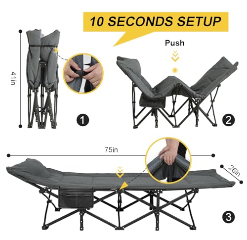ATORPOK Camping Cot with Cushion and Pillow, Portable Folding Bed, Supports 450 lbs (Grey) S55734