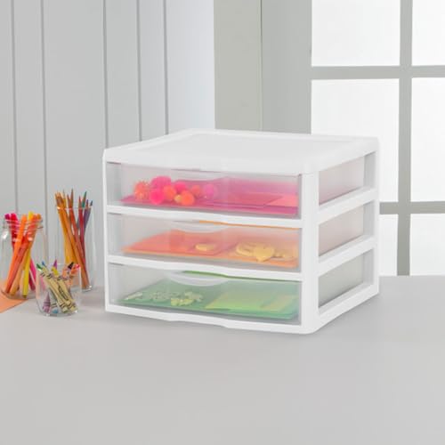 Sterilite 3-Pack Wide 3 Drawer Unit, Plastic Desktop Organizer, White Frame X750