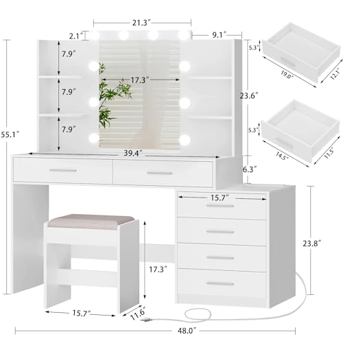 Quimoo Large Vanity Desk with LED Mirror & Power Outlet, White L335
