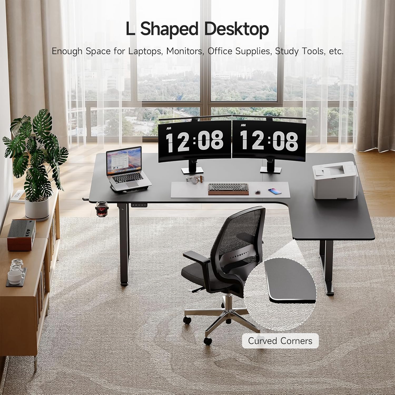 L Shaped Standing Desk 63x43 Inches with Dual Motor Memory Controller, Black Q887678