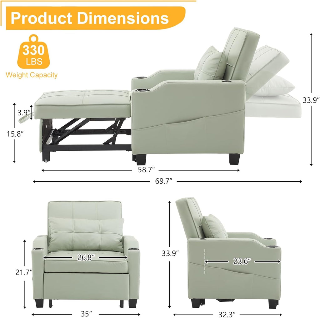 Karl home Sleeper Chair 3-in-1 Pull Out Sofa Bed with USB Ports, PU Leather Mint Green S3213