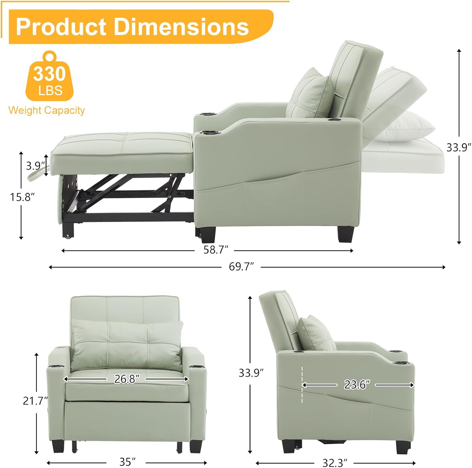 Karl home Sleeper Chair 3-in-1 Pull Out Sofa Bed with USB Ports, PU Leather Mint Green S3213