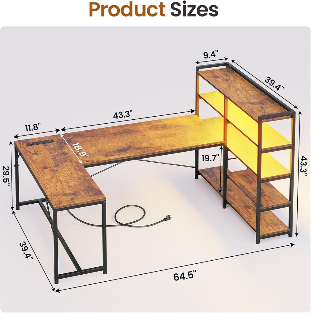 SEDETA L Shaped Computer Desk with Storage Shelves, Power Outlet & LED Light, Rustic Brown D399