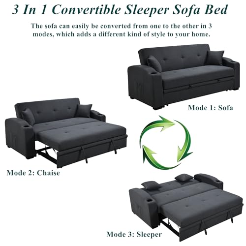Queen Size Sofa Bed 3 in 1 Convertible Sleeper with Backrest Pillows, Beige M329529