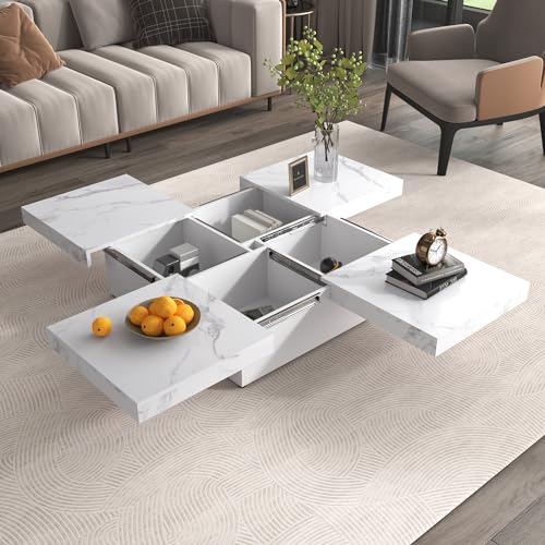 Square Coffee Table, 39.4" - 66.1" Marble Veneer Coffee Table Sliding Top with Storage, Modern Wood Center Table for Living Room, Apartment, White